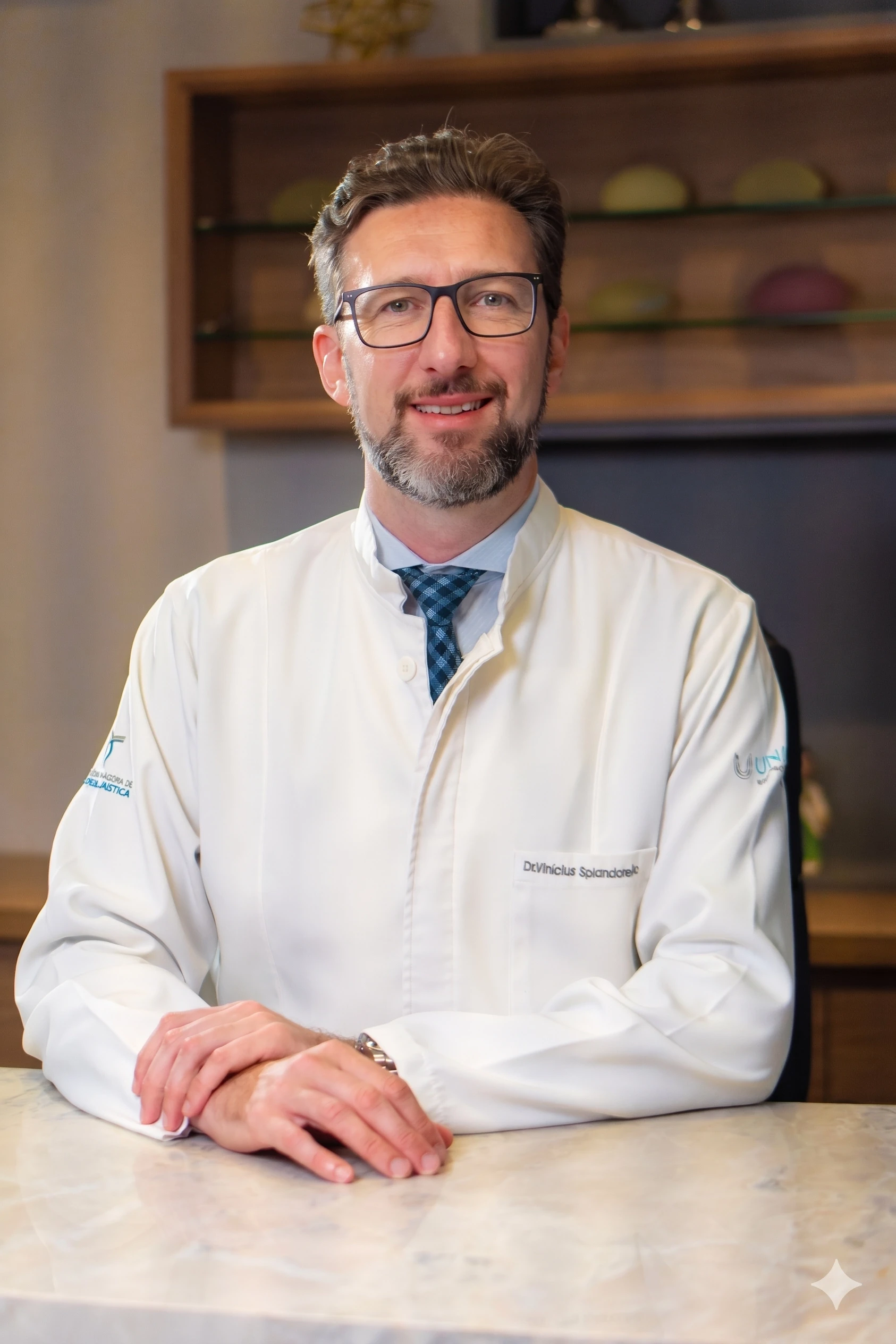 Dr. Vinicius Spiandorello, cirurgião plástico em Joinville, de jaleco em ambiente clínico