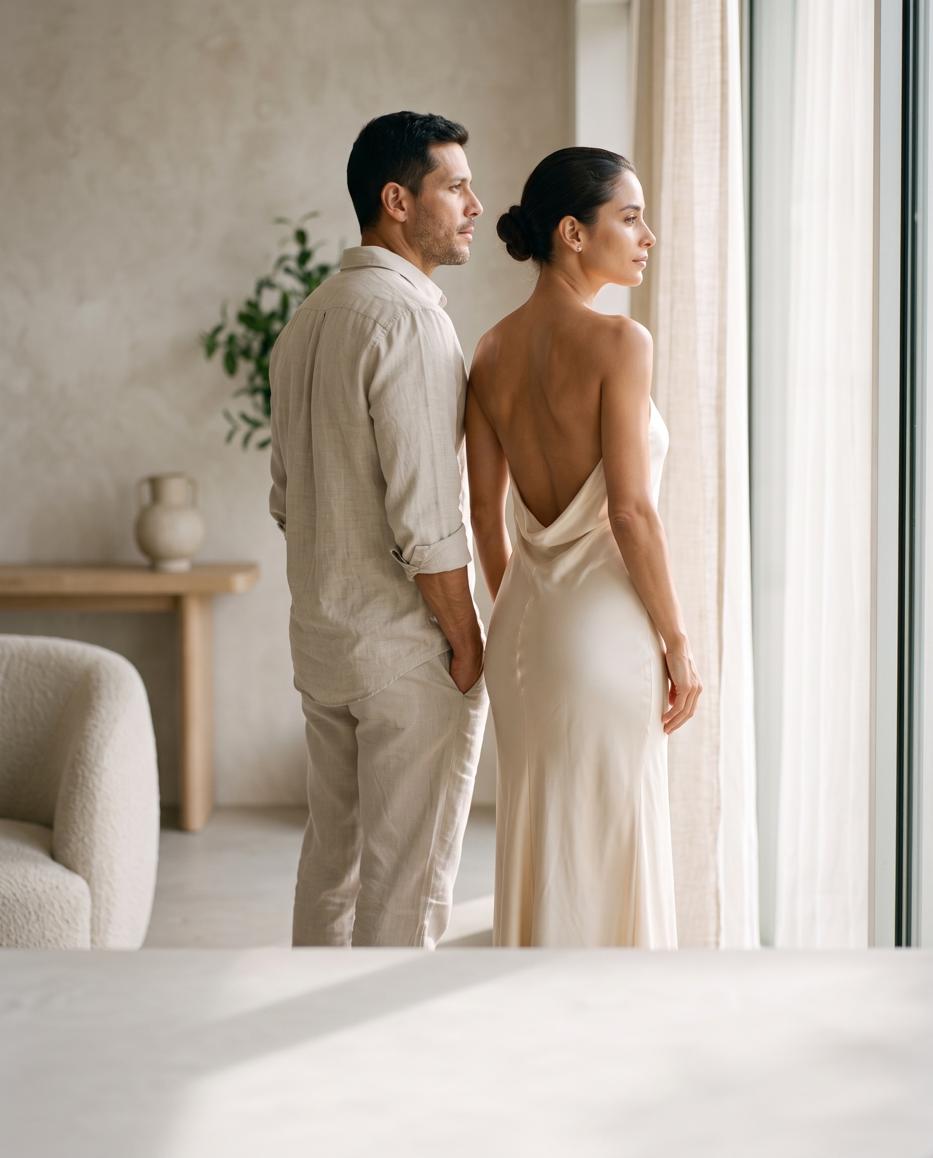 Casal em pé junto à janela, em ambiente claro