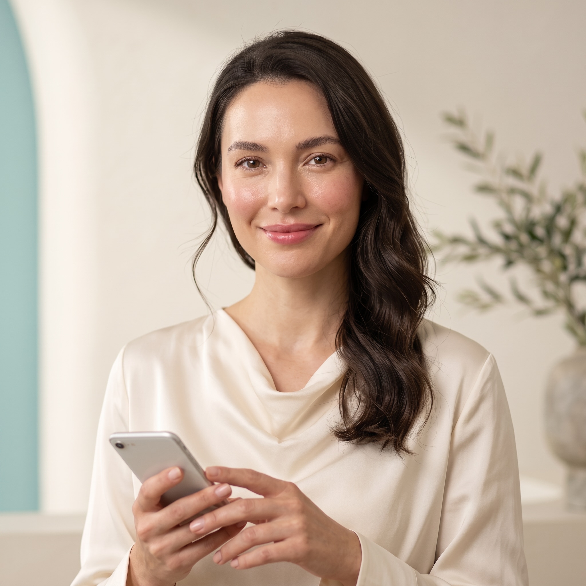 Mulher sorrindo com o celular na mão, pronta para conversar pelo WhatsApp